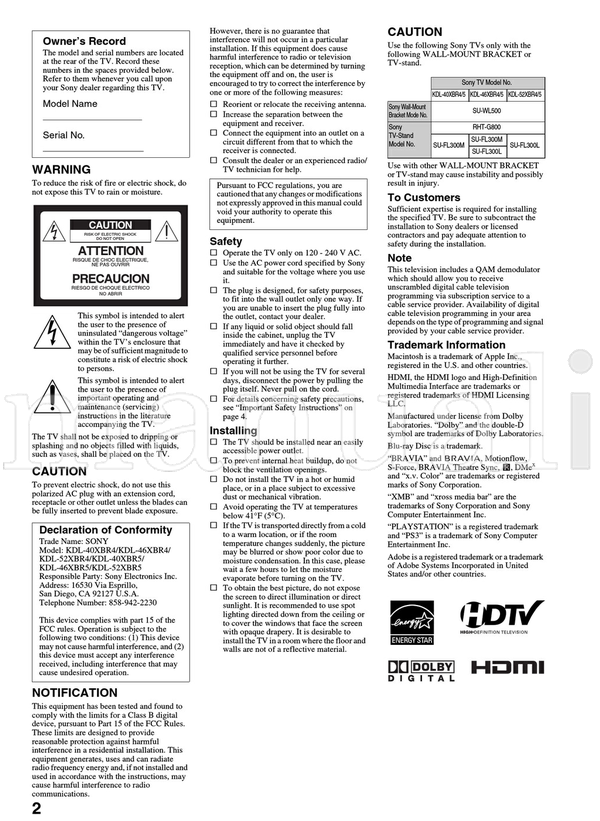 Sony KDL-40XBR4 KDL-46XBR4 KDL-52XBR4 KDL-40XBR5 KDL-46XBR5 (60 pages) TV Operating Manual