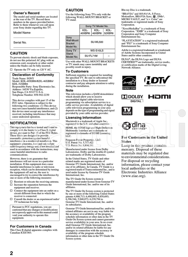 Sony KDL-40XBR6 KDL-46XBR6 KDL-52XBR6 (60 pages) TV Operating Manual