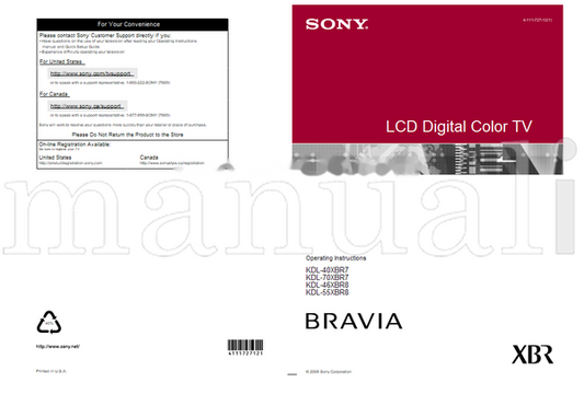 Sony 1-800-222-SONY 1-877-899-SONY KDL-40XBR7 KDL-70XBR7 (63 pages) TV Operating Manual