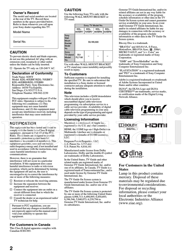 Sony 1-800-222-SONY 1-877-899-SONY KDL-40XBR7 KDL-70XBR7 (63 pages) TV Operating Manual