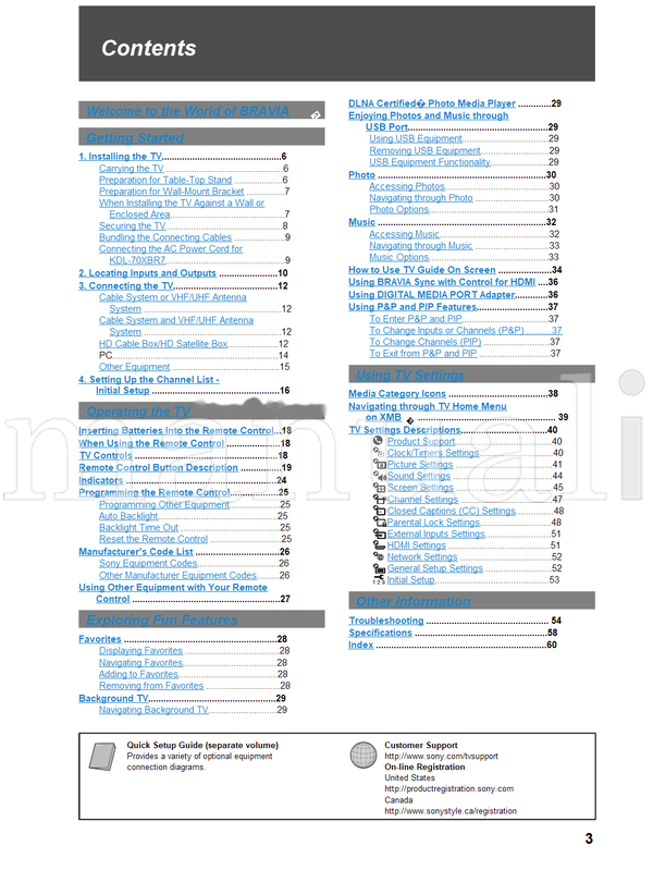 Sony 1-800-222-SONY 1-877-899-SONY KDL-40XBR7 KDL-70XBR7 (63 pages) TV Operating Manual