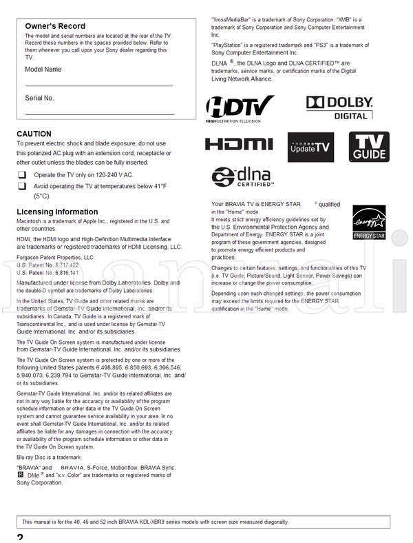 Sony KDL-52XBR9 KDL-46XBR9 KDL-40XBR9 (48 pages) TV Operating Manual