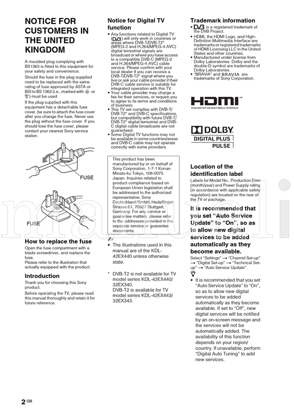Sony KDL-42EX443 42EX440 32EX343 32EX340 (52 pages) TV Operating Manual