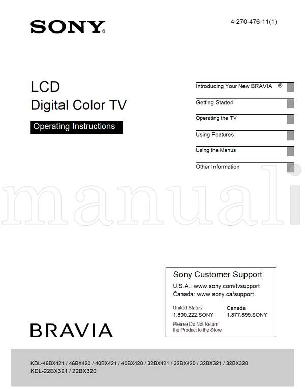 Sony KDL-46BX421 46BX420 40BX421 40BX420 32BX421 32BX420 32BX321 (64 pages) TV Operating Manual