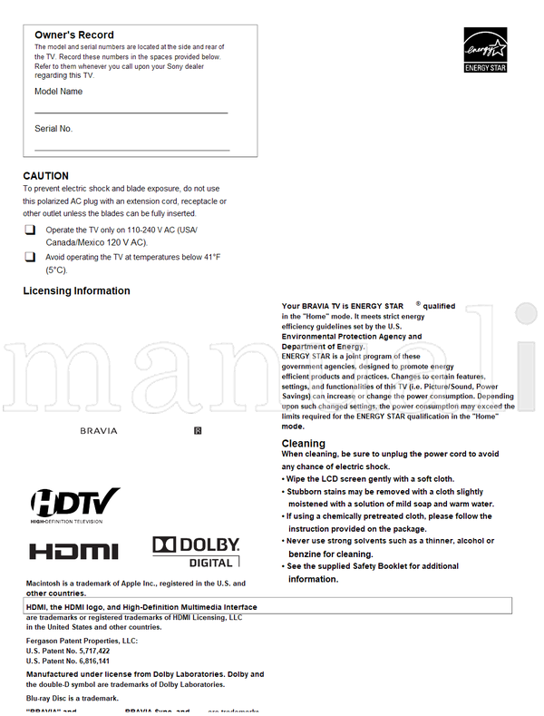 Sony KDL-46BX421 46BX420 40BX421 40BX420 32BX421 32BX420 32BX321 (64 pages) TV Operating Manual