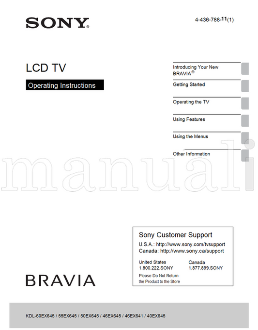 Sony KDL-60EX645 55EX645 50EX645 46EX645 46EX641 40EX645 (88 pages) TV Operating Manual