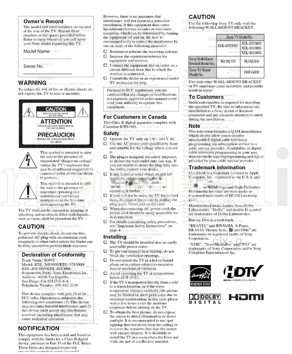 Sony KDL-26S3000 KDL-32S3000 KDL-40S3000 KDL-46S3000 (46 pages) TV Operating Manual
