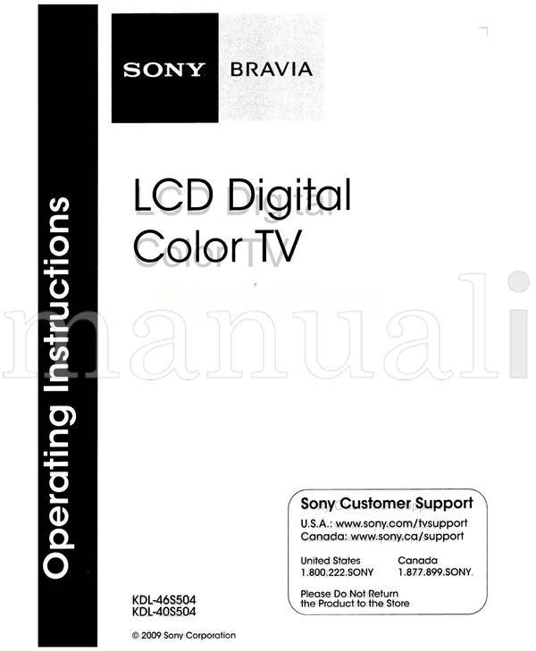 Sony KDL-46S504 KDL-40S504 (41 pages) TV Operating Manual