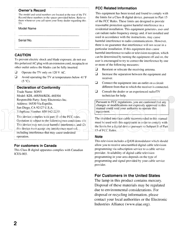Sony KDL-46S504 KDL-40S504 (41 pages) TV Operating Manual
