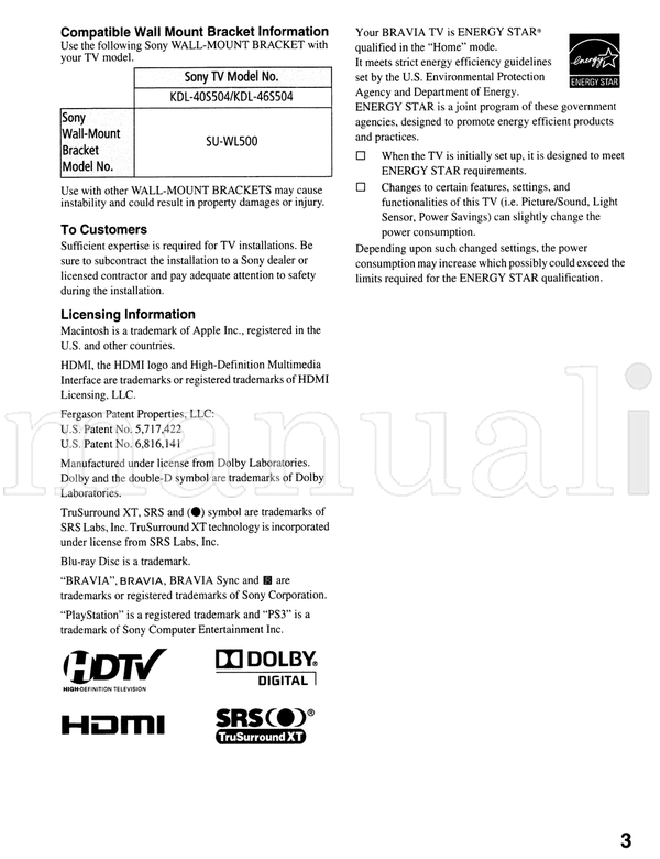 Sony KDL-46S504 KDL-40S504 (41 pages) TV Operating Manual