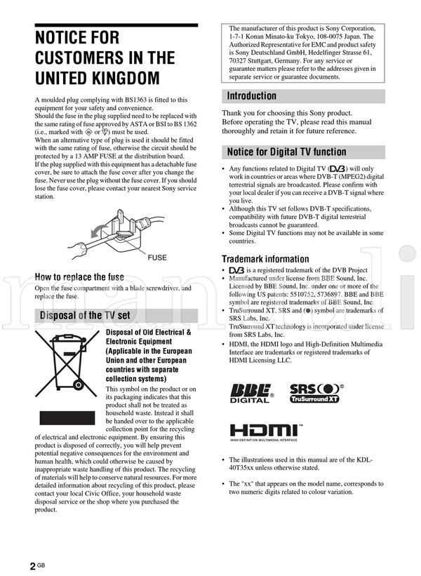 Sony KDL-46T35xx KDL-40T35xx KDL-40V29xx (41 pages) TV Operating Manual