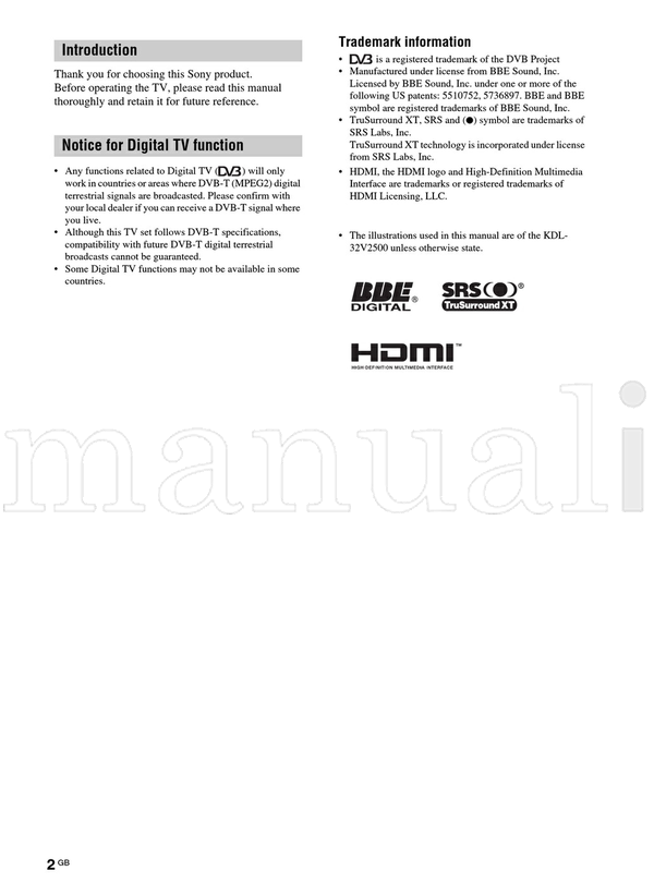Sony KDL-46V2500 KDL-40V2500 KDL-32V2500 (208 pages) TV Operating Manual