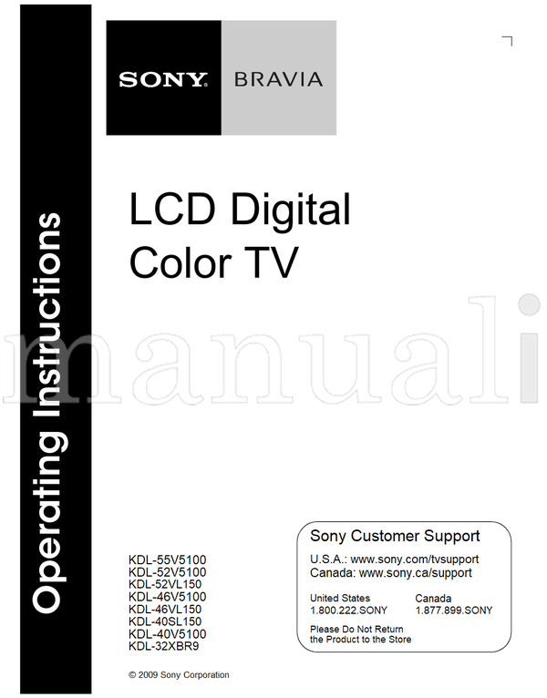Sony KDL-55V5100 KDL-52V5100 KDL-52VL150 KDL-46V5100 KDL-46VL150 (24 pages) TV Operating Manual