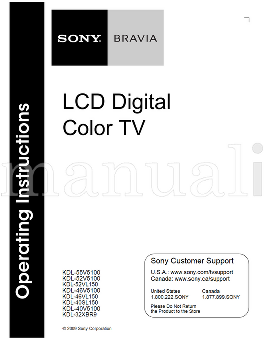 Sony KDL-55V5100 KDL-52V5100 KDL-52VL150 KDL-46V5100 KDL-46VL150 (24 pages) TV Operating Manual