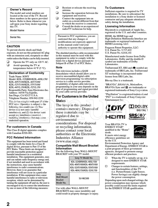 Sony KDL-55V5100 KDL-52V5100 KDL-52VL150 KDL-46V5100 KDL-46VL150 (24 pages) TV Operating Manual