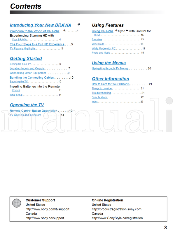 Sony KDL-55V5100 KDL-52V5100 KDL-52VL150 KDL-46V5100 KDL-46VL150 (24 pages) TV Operating Manual