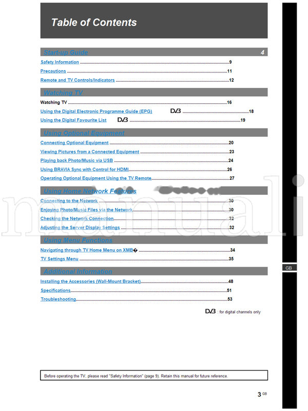 Sony KDL-70X4500 KDL-55X4500 KDL-46X4500 KDL-40X4500 (108 pages) TV Operating Manual
