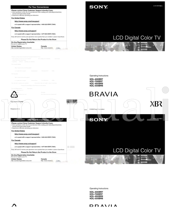Sony 1-800-222 1-877-899 KDL-40XBR7 KDL-70XBR7 KDL-46XBR8 (61 pages) TV Operating Manual
