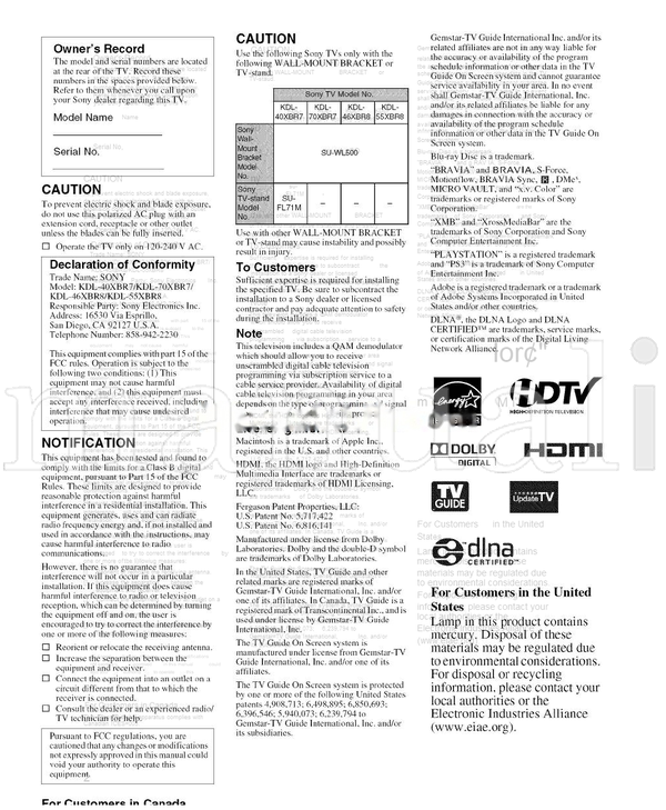 Sony 1-800-222 1-877-899 KDL-40XBR7 KDL-70XBR7 KDL-46XBR8 (61 pages) TV Operating Manual
