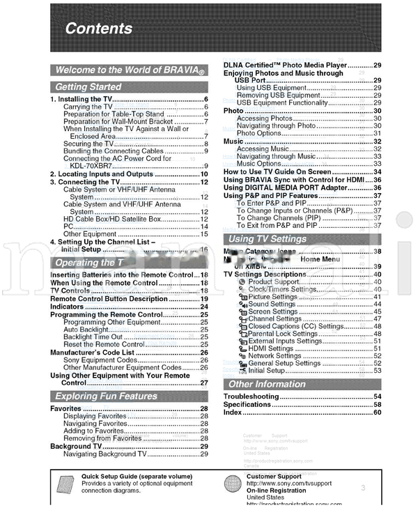 Sony 1-800-222 1-877-899 KDL-40XBR7 KDL-70XBR7 KDL-46XBR8 (61 pages) TV Operating Manual