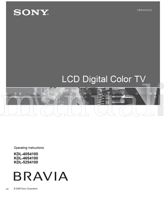 Sony KDL-40S4100 KDL-46S4100 KDL-52S4100 (48 pages) TV Operating Manual