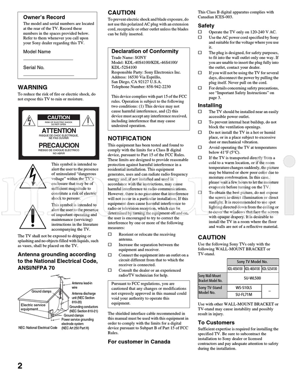 Sony KDL-40S4100 KDL-46S4100 KDL-52S4100 (48 pages) TV Operating Manual