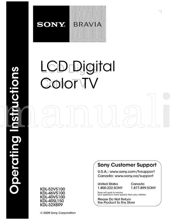 Sony KDD52V5100 KDD46V5100 KDD40V5100 KDD40SL150 KDD32XBR9 (24 pages) TV Operating Manual