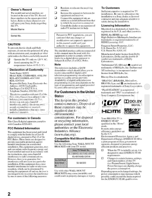 Sony KDD52V5100 KDD46V5100 KDD40V5100 KDD40SL150 KDD32XBR9 (24 pages) TV Operating Manual