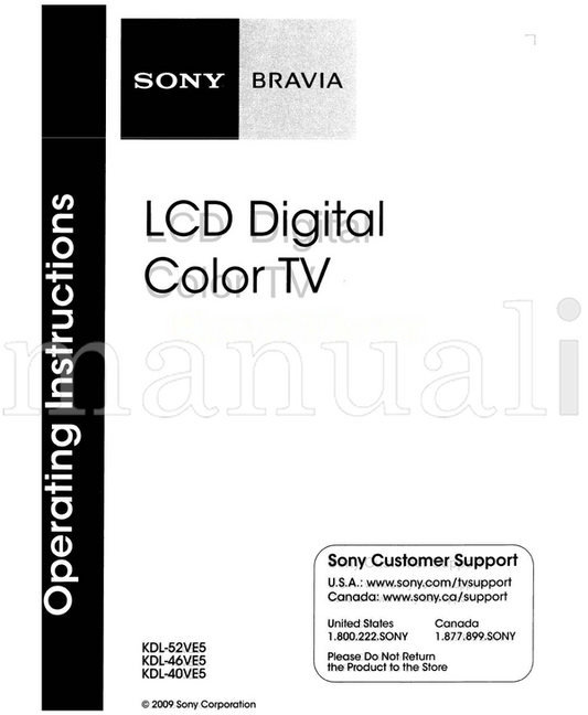 Sony KDL-52VE5 KDL-46VE5 KDL-40VE5 (39 pages) TV Operating Manual