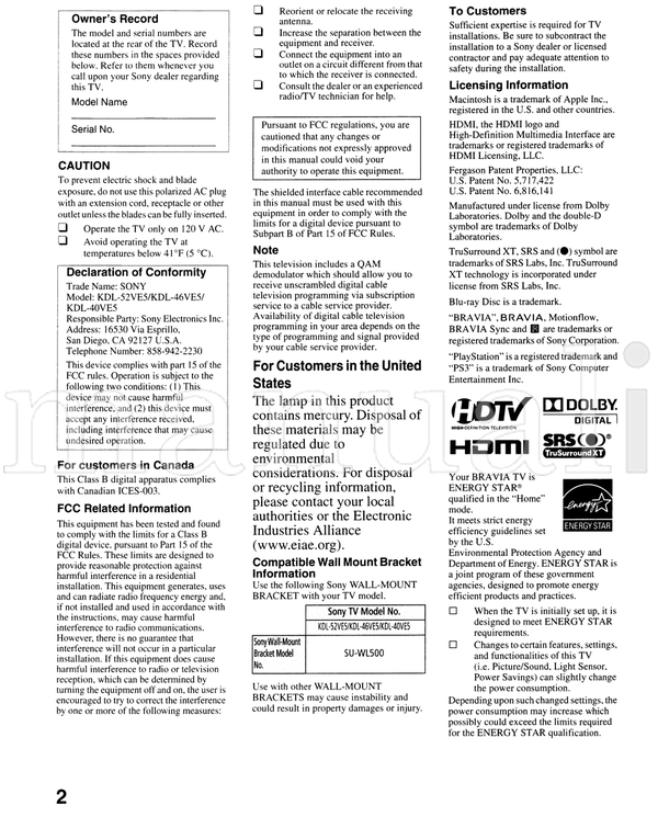 Sony KDL-52VE5 KDL-46VE5 KDL-40VE5 (39 pages) TV Operating Manual