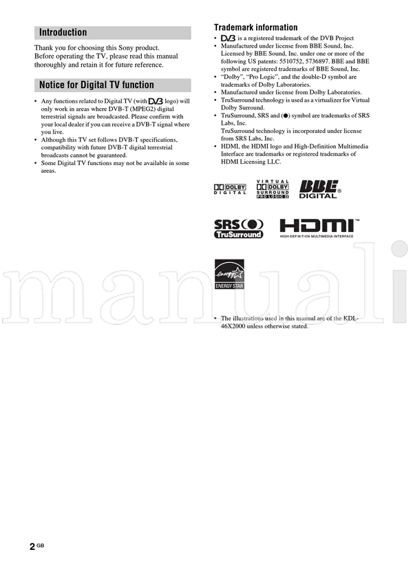 Sony KDL-52X2000 KDL-46X2000 KDL-40X2000 (48 pages) TV Operating Manual
