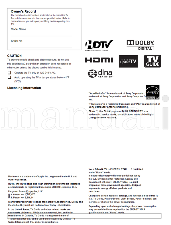 Sony KDL-52Z5100 KDL-46Z5100 KDL-40Z5100 (48 pages) TV Operating Manual