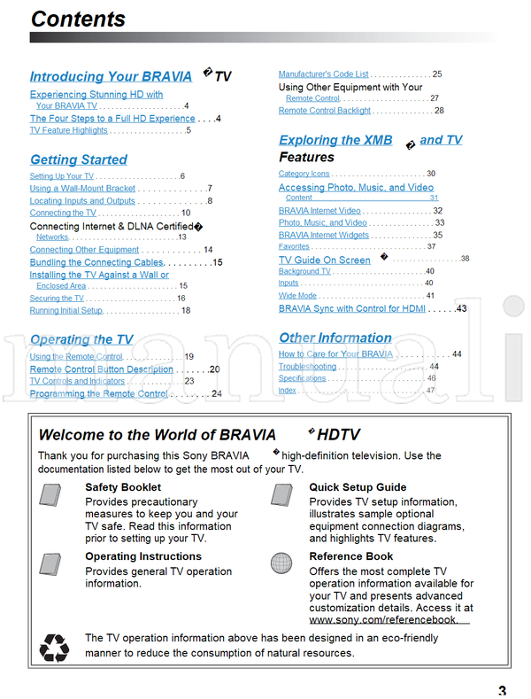 Sony KDL-52Z5100 KDL-46Z5100 KDL-40Z5100 (48 pages) TV Operating Manual