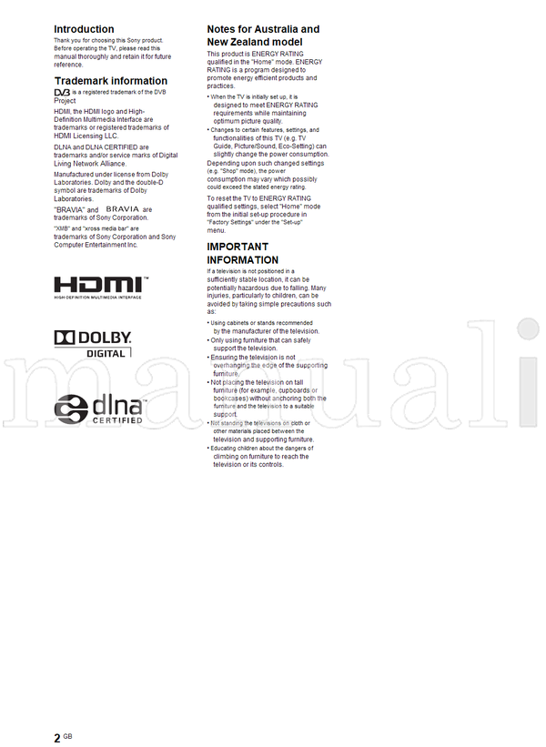 Sony KDL-52Z5500 KDL-46Z5500 KDL-40Z5500 (56 pages) TV Operating Manual