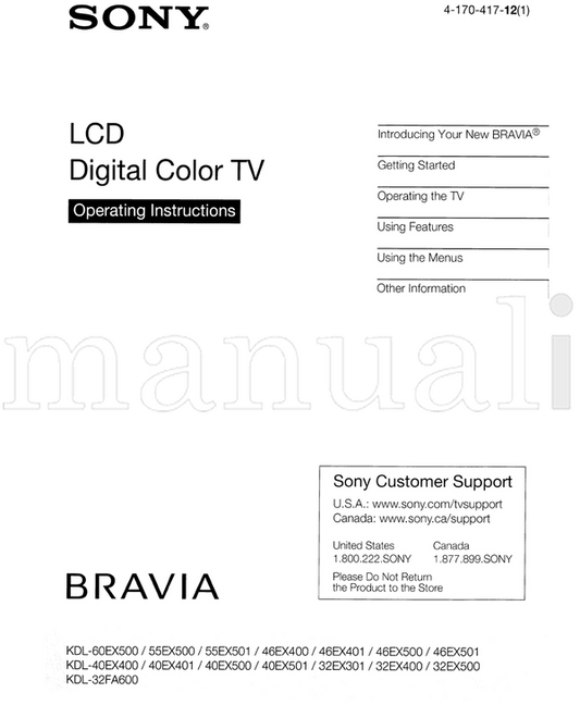 Sony KDL-60EX500 55EX500 55EX501 46EX400 46EX401 46EX500 46EX501 (74 pages) TV Operating Manual