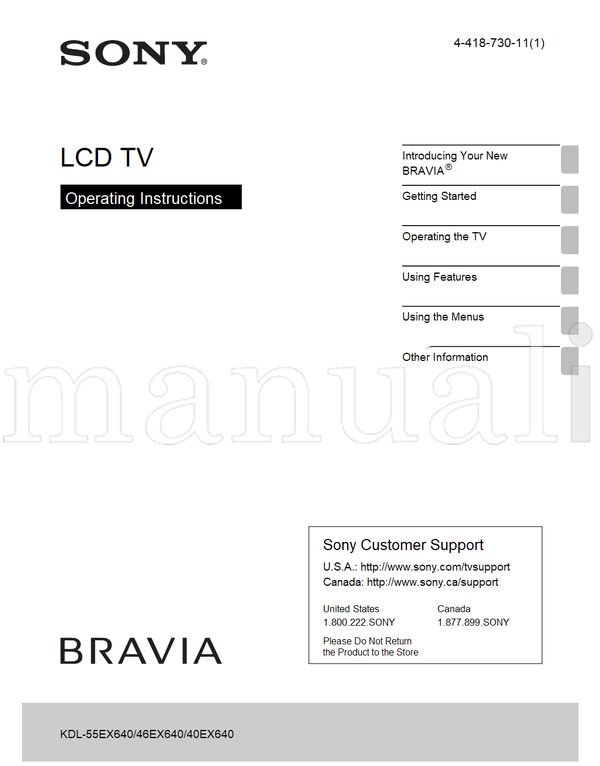 Sony KDL-55EX640 46EX640 40EX640 (130 pages) TV Operating Manual