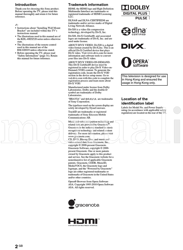 Sony KDL-55EX720 46EX720 40EX720 40EX520 40CX520 KDL-32EX720 (64 pages) TV Operating Manual