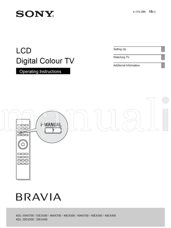 Sony KDL-55HX700 55EX500 46HX700 46EX500 40HX700 40EX500 40EX400 (20 pages) TV Operating Manual