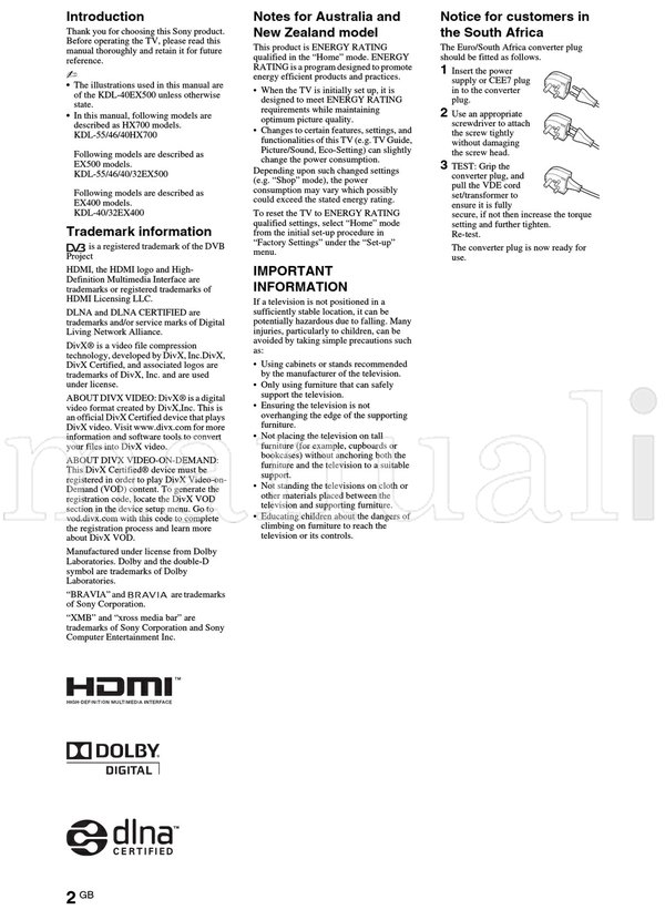Sony KDL-55HX700 55EX500 46HX700 46EX500 40HX700 40EX500 40EX400 (20 pages) TV Operating Manual