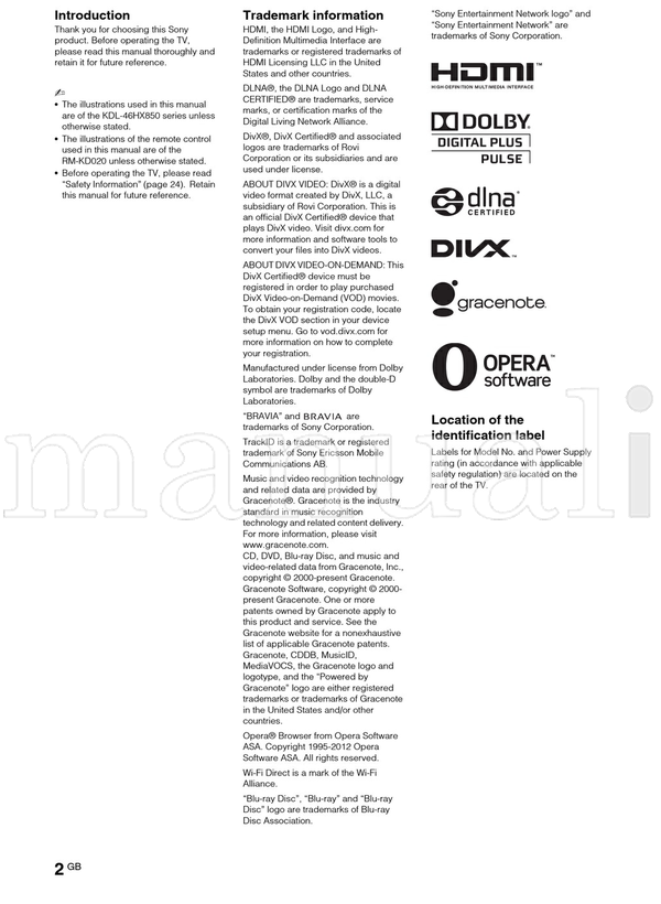 Sony KDL-55HX850 46HX850 40HX850 (28 pages) TV Operating Manual