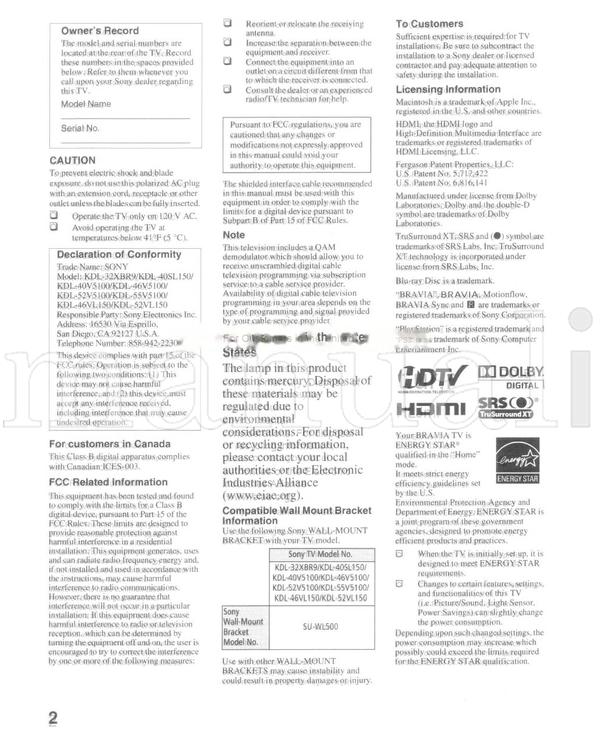 Sony KDL-55V5100 KDL-52V5100 KDL-52VL150 KDL-46V5100 KDL-46VL150 (40 pages) TV Operating Manual