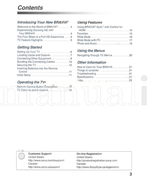 Sony KDL-55V5100 KDL-52V5100 KDL-52VL150 KDL-46V5100 KDL-46VL150 (40 pages) TV Operating Manual
