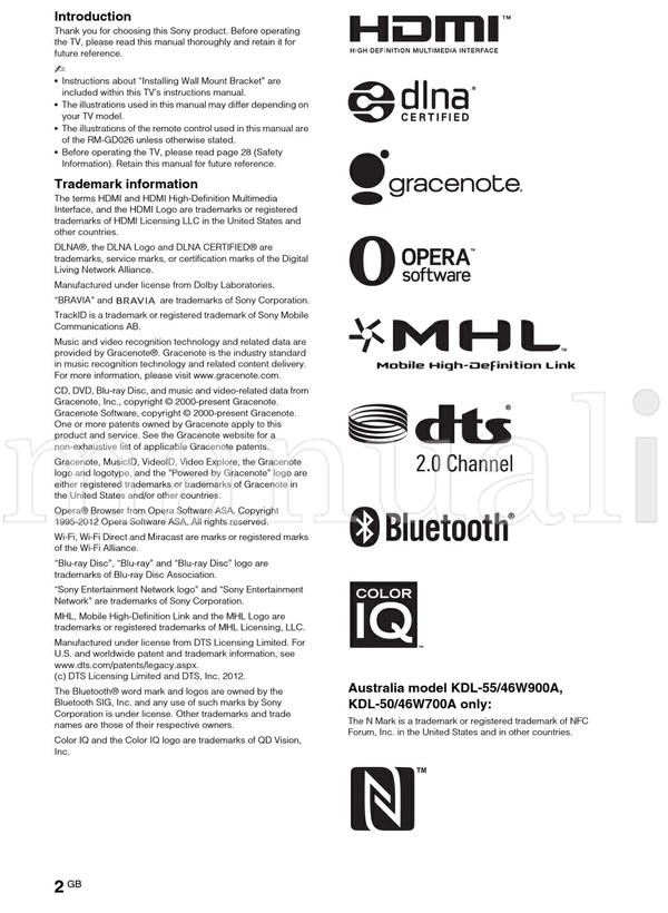 Sony KDL-55W904A 55W900A 50W708A 50W704A 50W700A 46W904A 46W900A (32 pages) TV Operating Manual