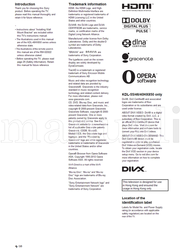 Sony KDL-65HX950 55HX950 55HX850 46HX850 40HX850 (60 pages) TV Operating Manual