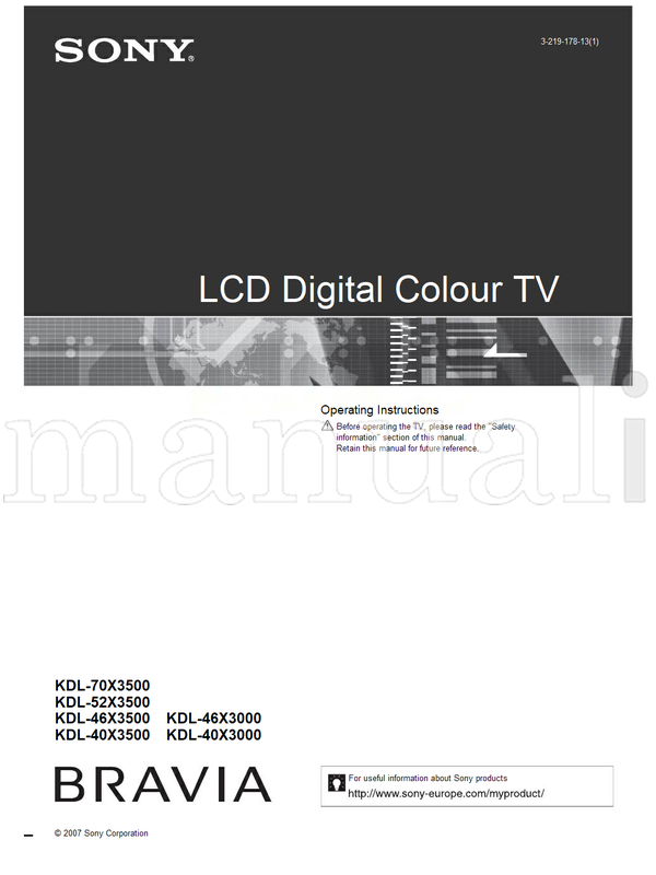 Sony KDL-70X3500 KDL-52X3500 KDL-46X3500 KDL-46X3000 KDL-40X3500 (52 pages) TV Operating Manual