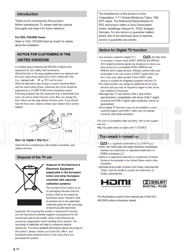Sony KDL-70X3500 KDL-52X3500 KDL-46X3500 KDL-46X3000 KDL-40X3500 (52 pages) TV Operating Manual