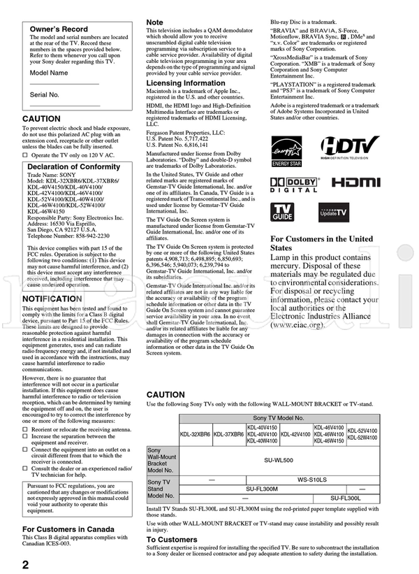Sony KDL-32XBR6 KDL-37XBR6 KDL-40V4150 KDL-40V4100 KDL-42V4100 (48 pages) TV Operating Manual
