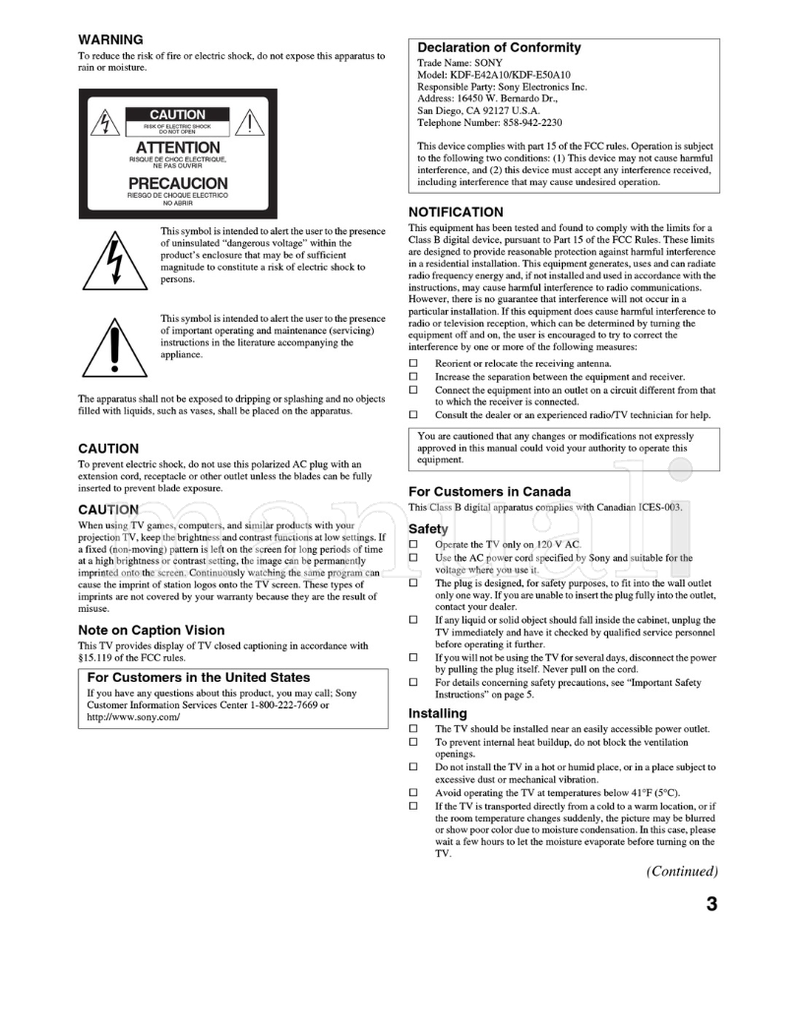 Sony KDF-E42A10 KDF-E50A10 (100 pages) TV Operating Manual