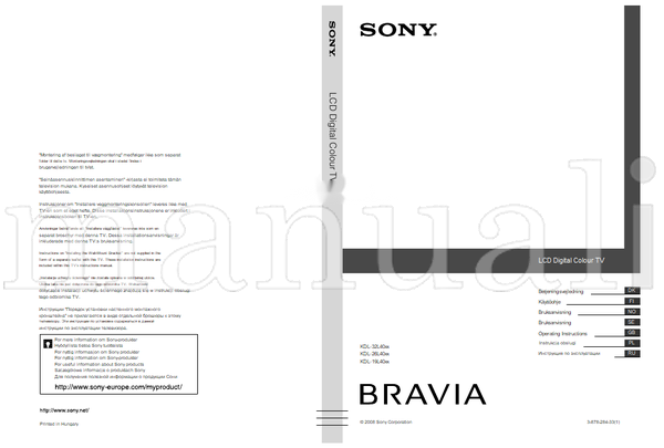 Sony KDL-32L40xx KDL-26L40xx KDL-19L40xx (255 pages) TV Operating Manual