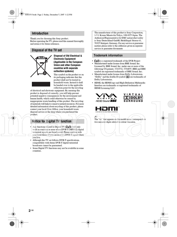 Sony KDL-23B40xx KDL-20B40xx (65 pages) TV Operating Manual